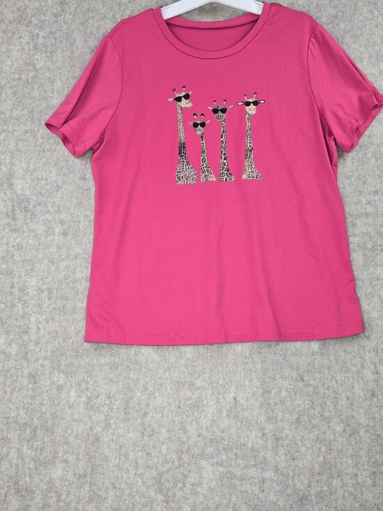 Shein Womens Pink Graphic Giraffe Print Relaxed Tee Size XL Cotton Blend - Picture 1 of 5